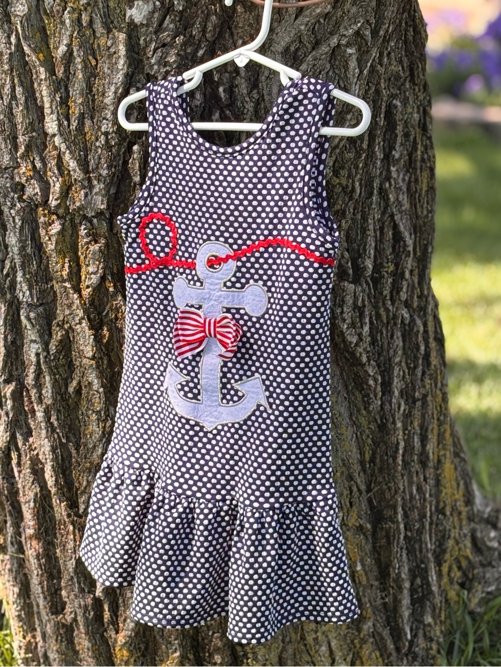 Youngland Navy Polka Dot Anchor Dress with Red Trim